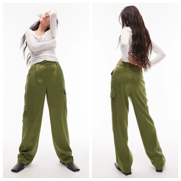 NEW Topshop satin cargo wide leg pants in khaki army olive green size 2 NWT - Picture 1 of 16